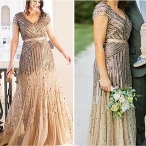 ADRIANNA PAPELL DRESS 24W GOWN SEQUIN BEADED GOLD NUDE TAN MOTHER OF THE BRIDE